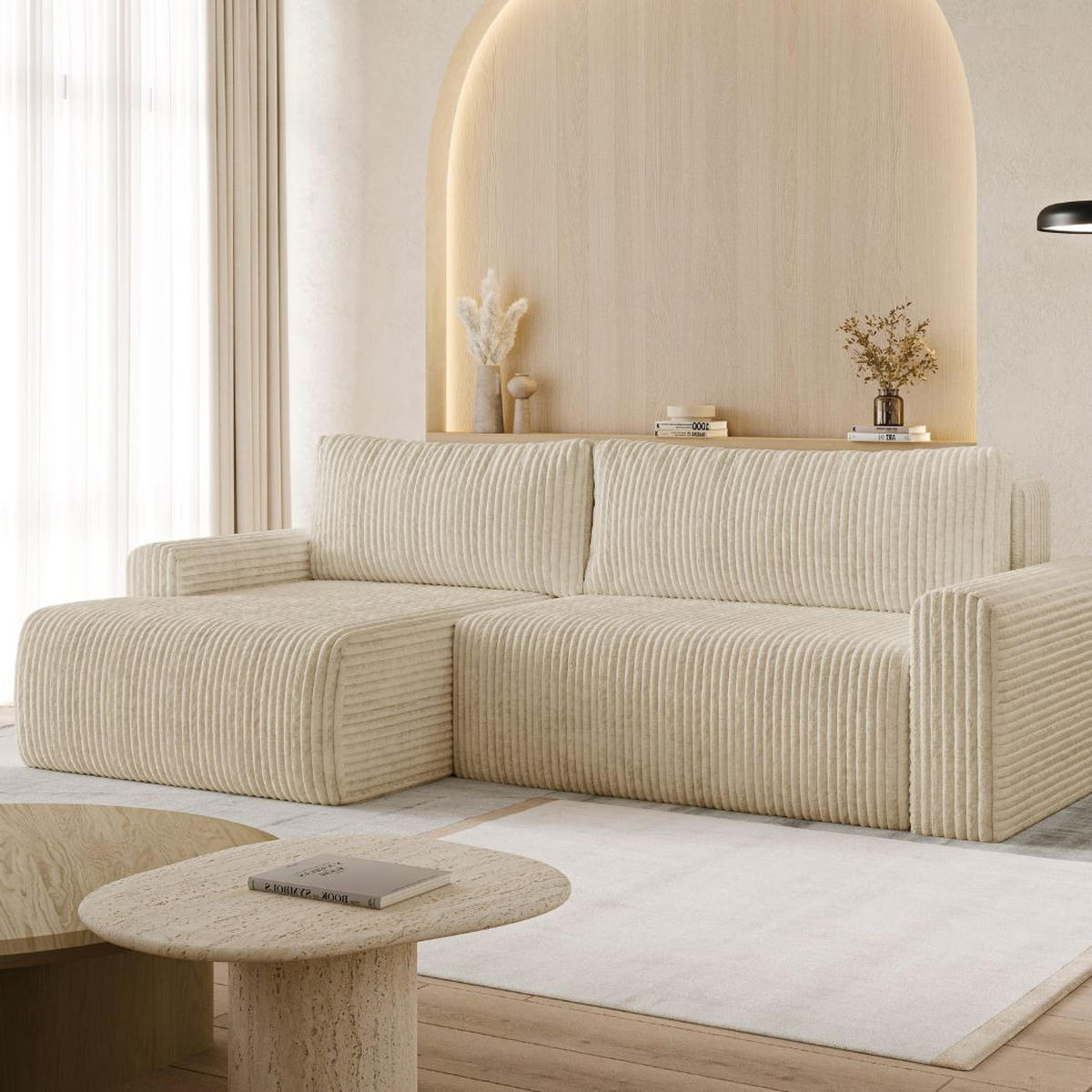 ECKSOFA MILO LARGE mit Schlaffunktion, Bettkasten und Cordbezug, Links - TILIA 11 (Taupe/Graubeige) - Beige, Holz (270/142cm) - Dekori_Interiors