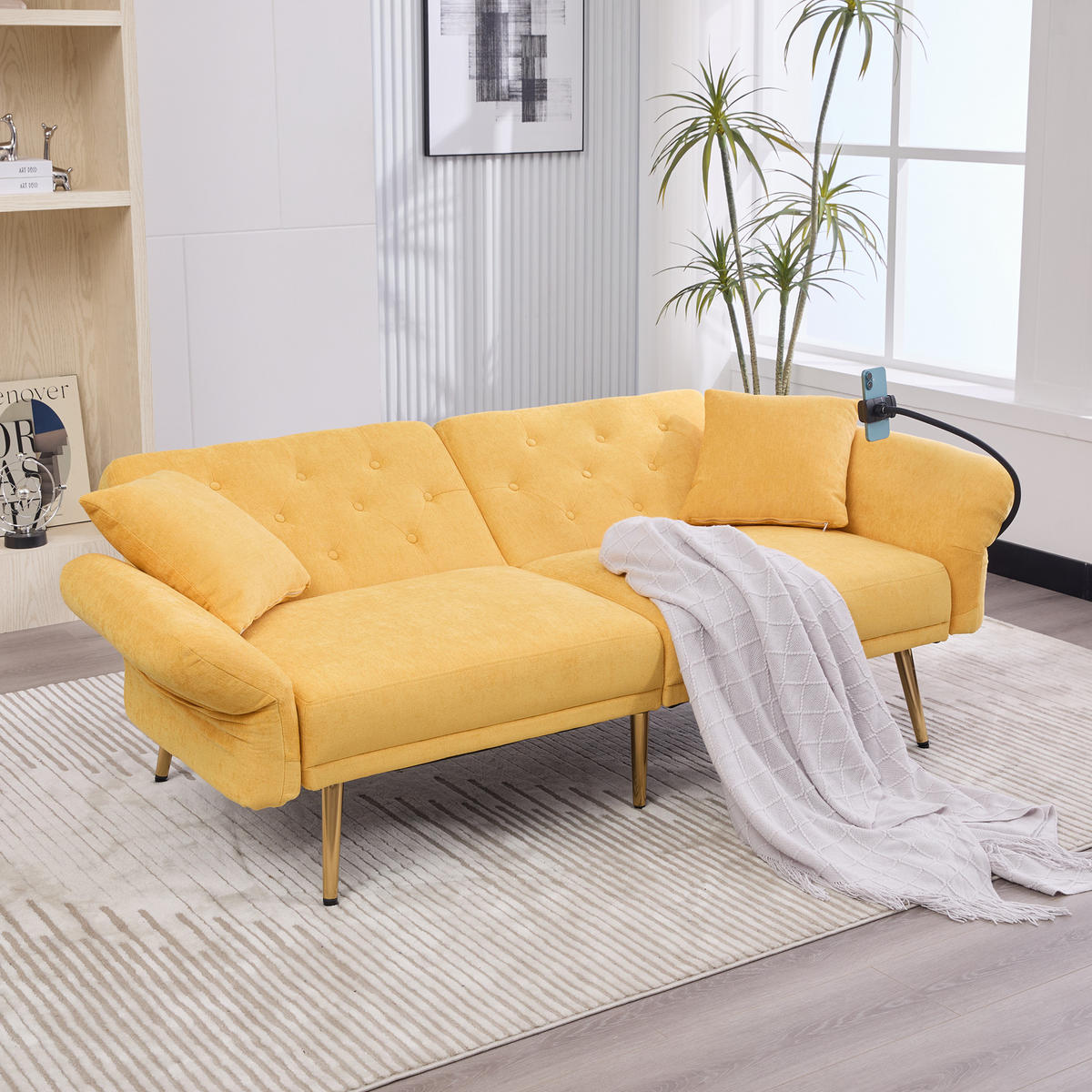 SCHLAFSOFA Multifunktionales 2-Sitzer mit verstellbarer Rückenlehne und USB-Anschlüssen Gelb Chenille 173/78/78 cm - Gelb, Textil (173/78/78cm) - OKWISH