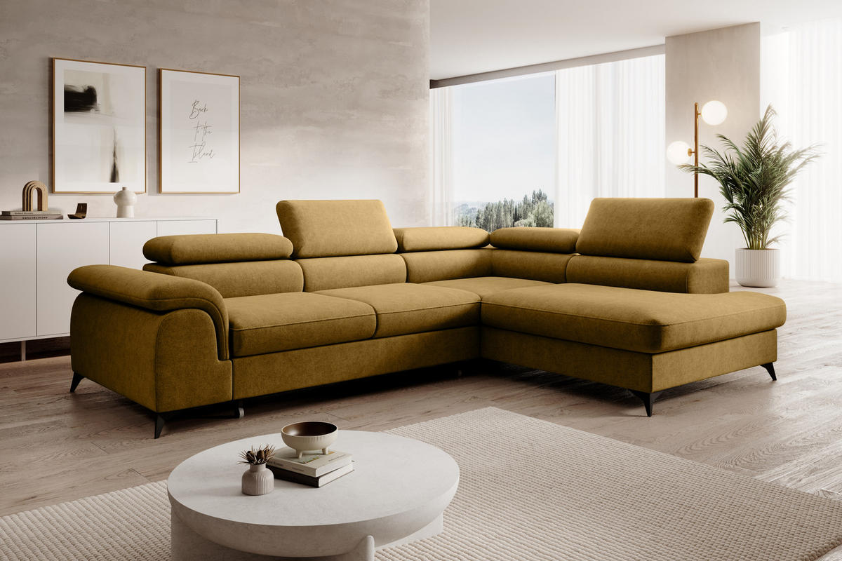 ECKSOFA PLAZA L Rechts mit Schlaffunktion 125x195 Velours Gold - Gelb/Schwarz, Holz/Kunststoff (275/205cm) - Muffo