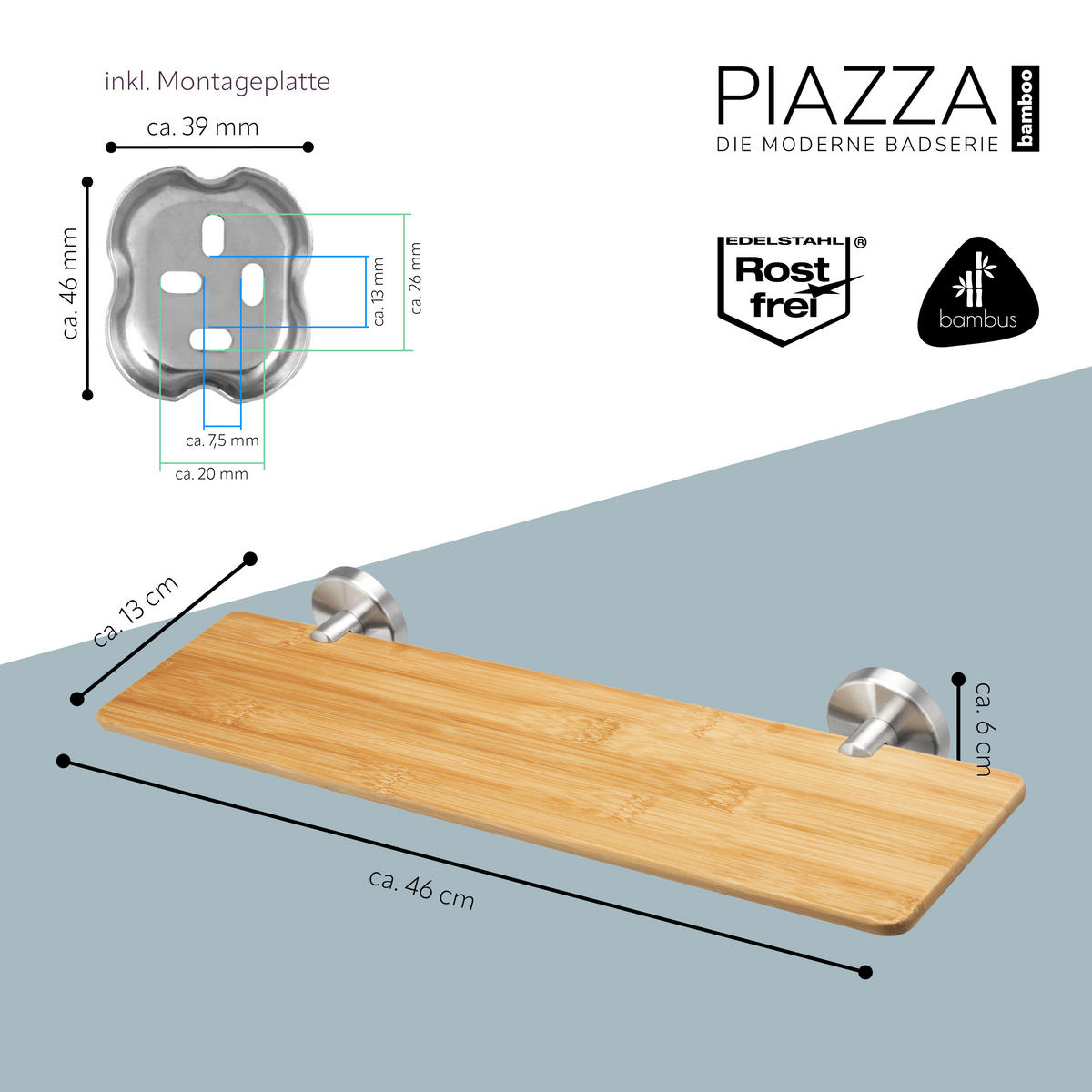 WANDABLAGE PIAZZA, Edelstahl und Bambus - Braun, Holz (35/6/25cm) - bremermann