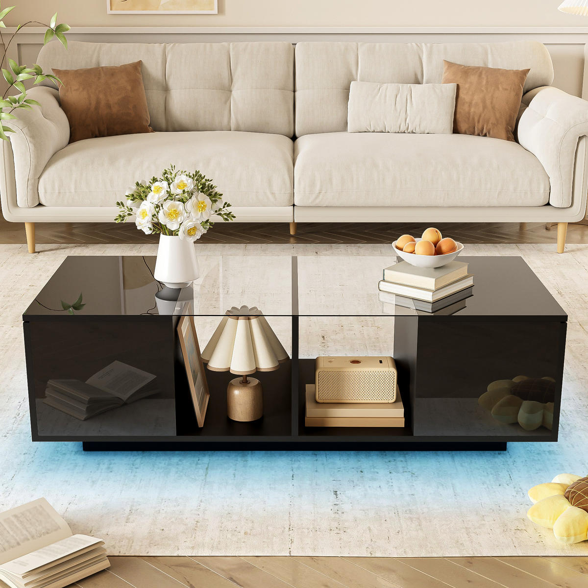 COUCHTISCH in Schwarz mit LED-Beleuchtung und Hochglanz-Tischplatte für Wohnzimmer, B120/T50/H38,5 cm - Schwarz, Glas/Holzwerkstoff (50/120/38.5cm) - STILVORA