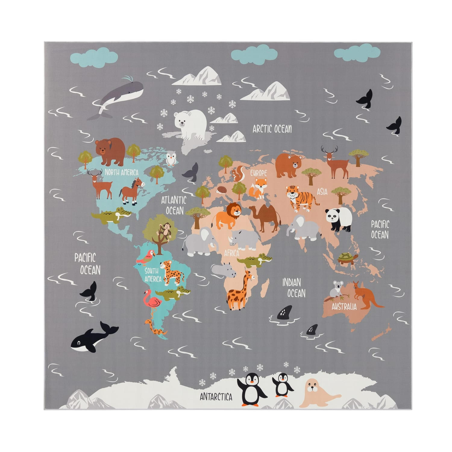 KINDERTEPPICH waschmaschinenwaschbar Tier‑Weltkarten‑Muster Kinderzimmer schmutzabweisend Grau Quadrat 200S - Grau, Textil (200/200cm) - KADIMA DESIGN