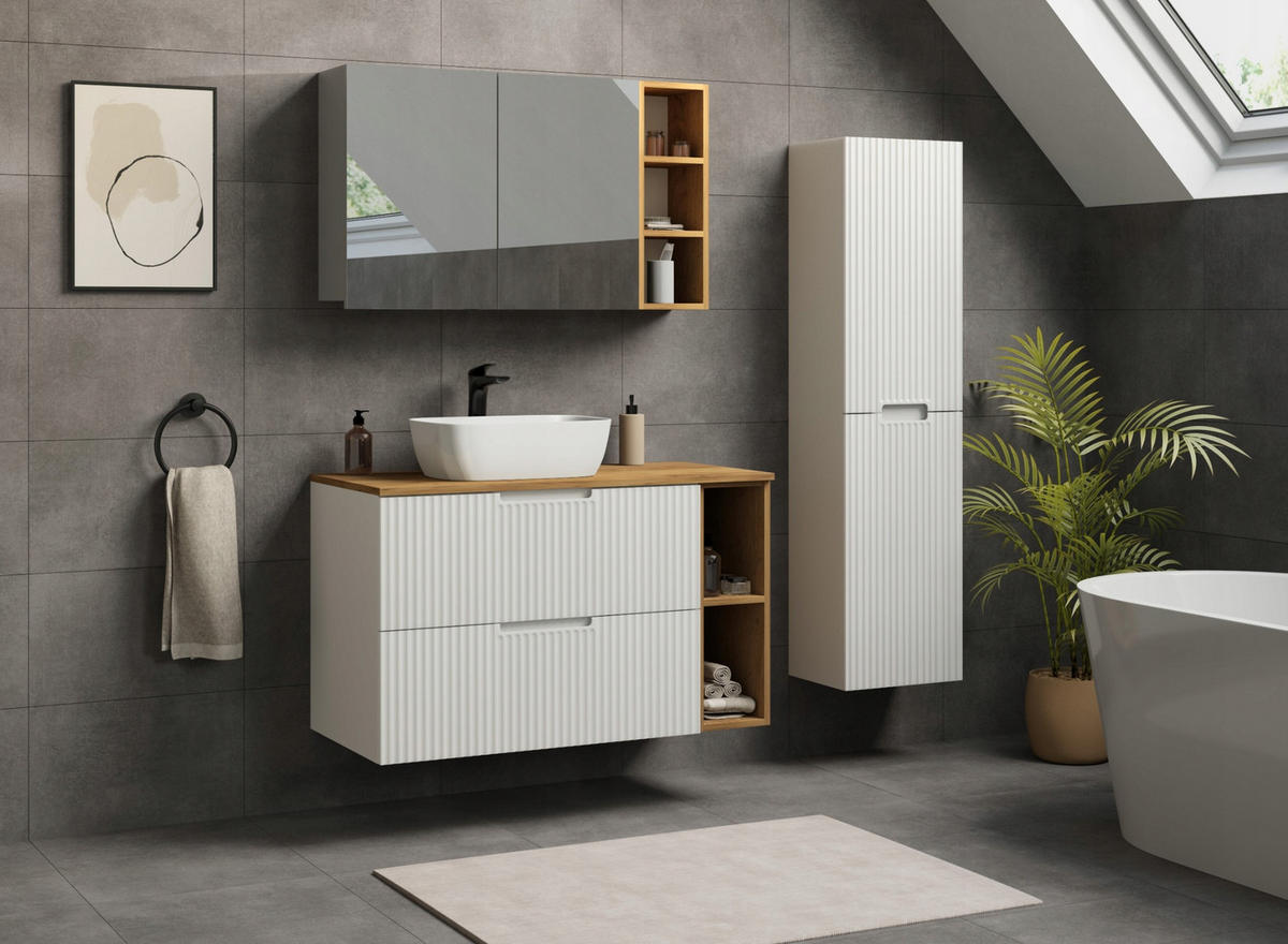 WASCHBECKUNTERSCHRANK VENA 100 cm mit Arbeitsplatte Farbe: Mattweiß mit einem Regal Gerillte Vorderseite Mattweiß - Weiß, Holzwerkstoff (100/58/46cm) - Rodan