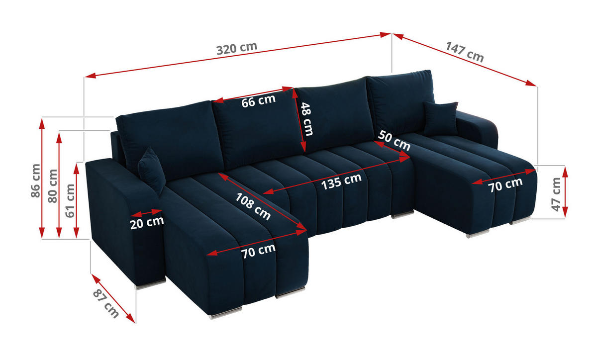 WOHNLANDSCHAFT KIRASSO U Dunkelblau Velvet - Dunkelblau/Grau, Textil/Metall (320/86/147cm) - MKS