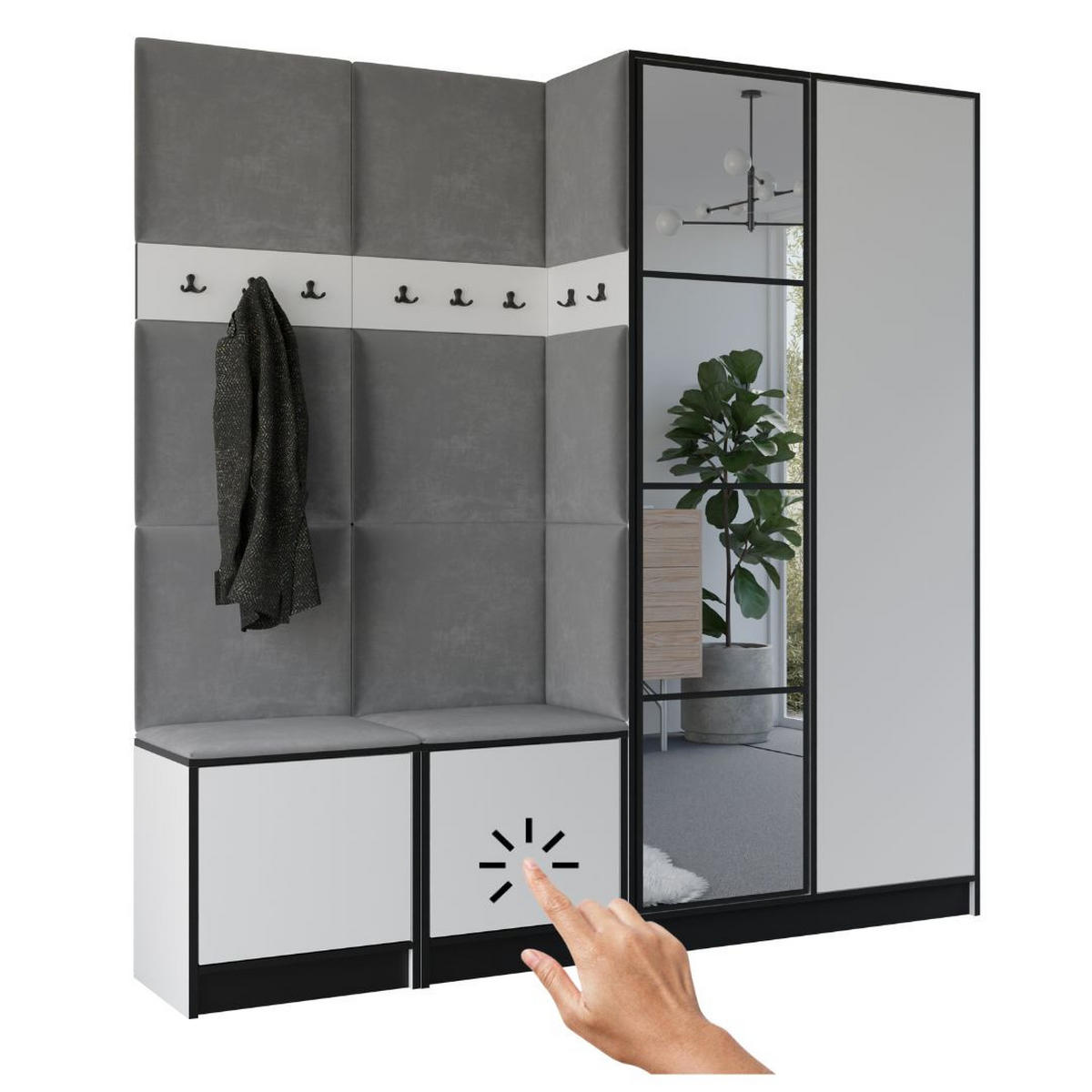 GARDEROBENSCHRANK EDEN 21 mit Spiegel - Weiß & Stoff Grau - Weiß/Grau, Holzwerkstoff (211/205/39cm) - Kier Furniture