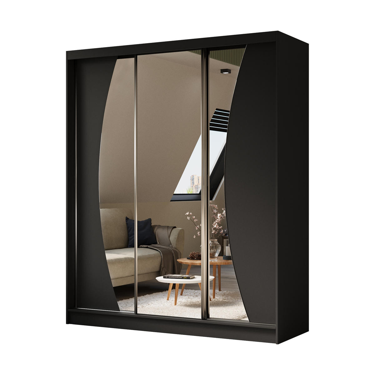 KLEIDERSCHRANK mit Spiegel-Schiebetüren und Aluminium-Leisten, LED-Beleuchtung - VOXI - 180 cm Schwarz - Schwarz, Holzwerkstoff (180/216/61cm) - ALTDECOR