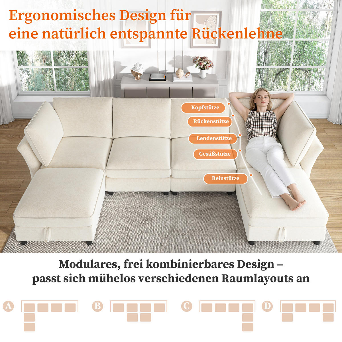 ECKSOFA mit 2 Stauraum-Hockern und Taschenfedern aus Chenille - Beige, Textil (289/137cm) - EVRYAE