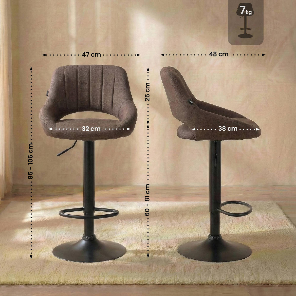 BARHOCKER Stoff Braun - Schwarz/Braun, Textil/Metall (47/85/48cm) - CLP