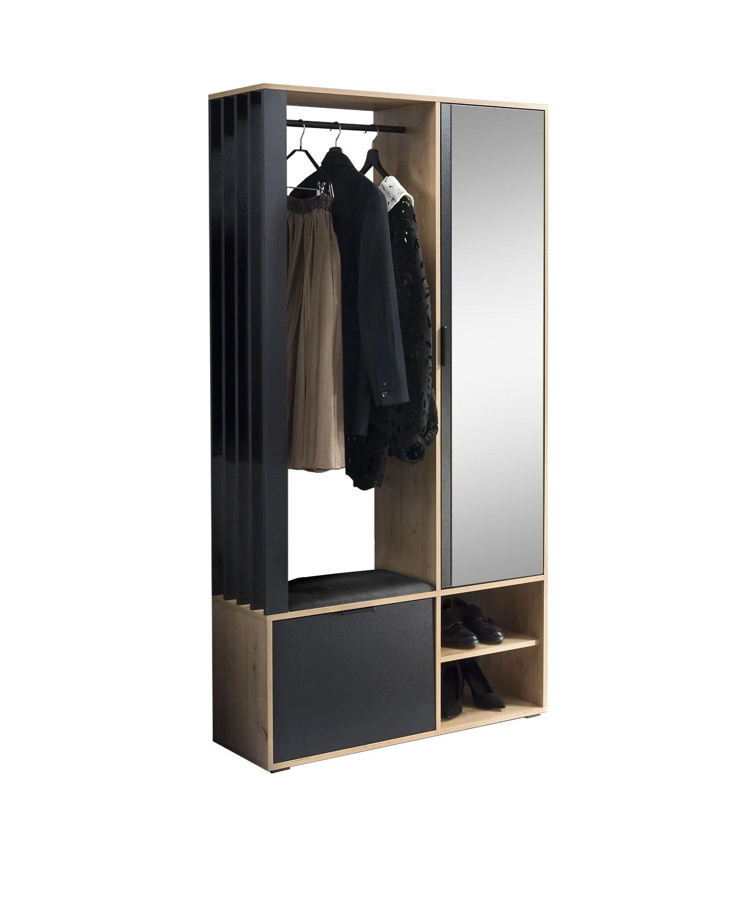 GARDEROBENSCHRANK Limo mit Spiegel und Sitzbank, Eiche Artisan+schwarz - Eiche Artisan, Holzwerkstoff (100/190/33cm) - Beautysofa
