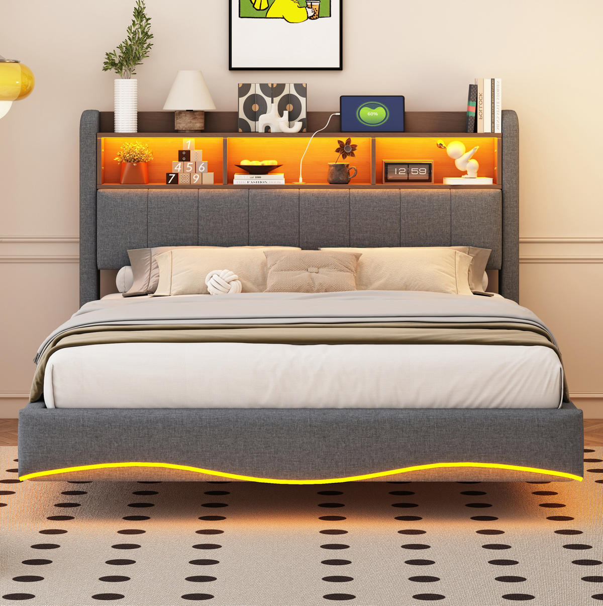 POLSTERBETT 140/200 cm mit LED-Beleuchtung, USB- und Typ-C-Anschluss sowie Stauraum am Kopfteil, Grau - Grau, Textil (140/200cm) - Redom