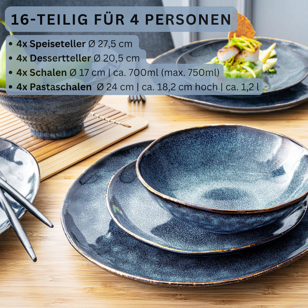 TAFELSERVICE TOKIO - 16 teilig aus Steingut - Dunkelblau, Stein (35.5/35.5/35.5cm) - Sänger