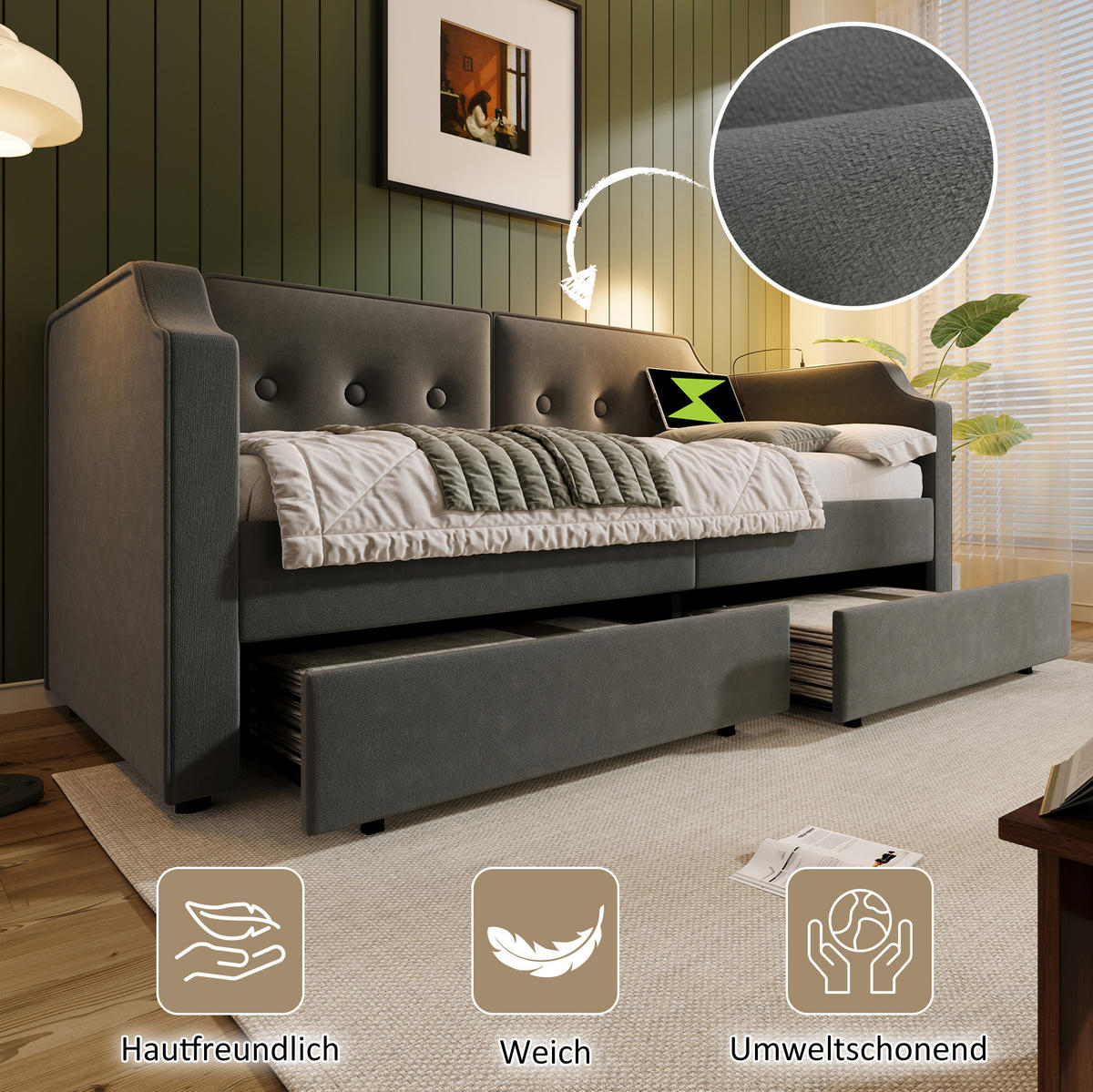 POLSTERBETT 90/200 cm Grau aus Samt mit USB-Type-C und Leselampe - Grau, Textil (90/200cm) - OKMYHOME