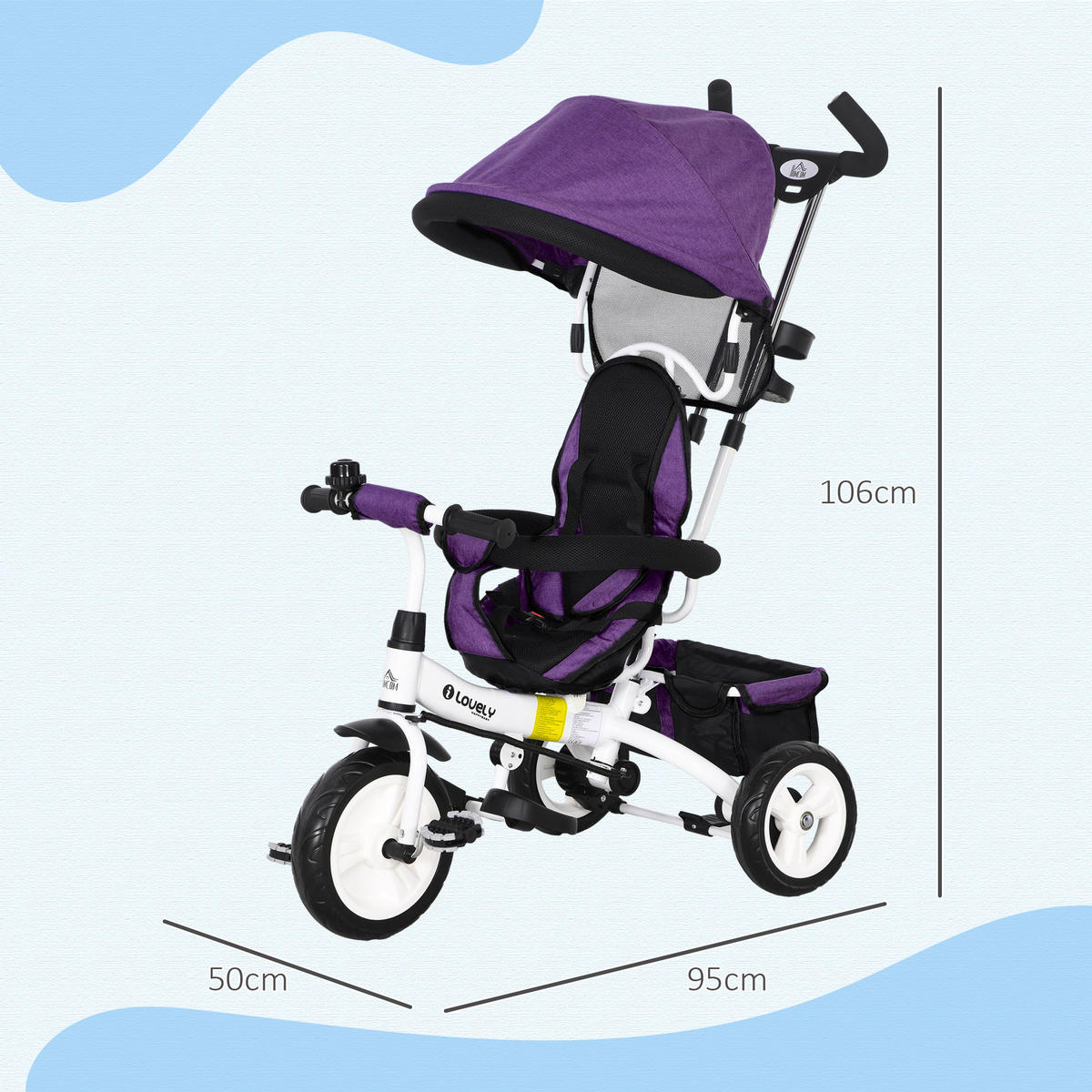 6-IN-1 Dreirad mit Schubstange, Kinderdreirad mit abnehmbarem Sonnendach Violett - Violett, Metall (95/50/106cm) - HOMCOM