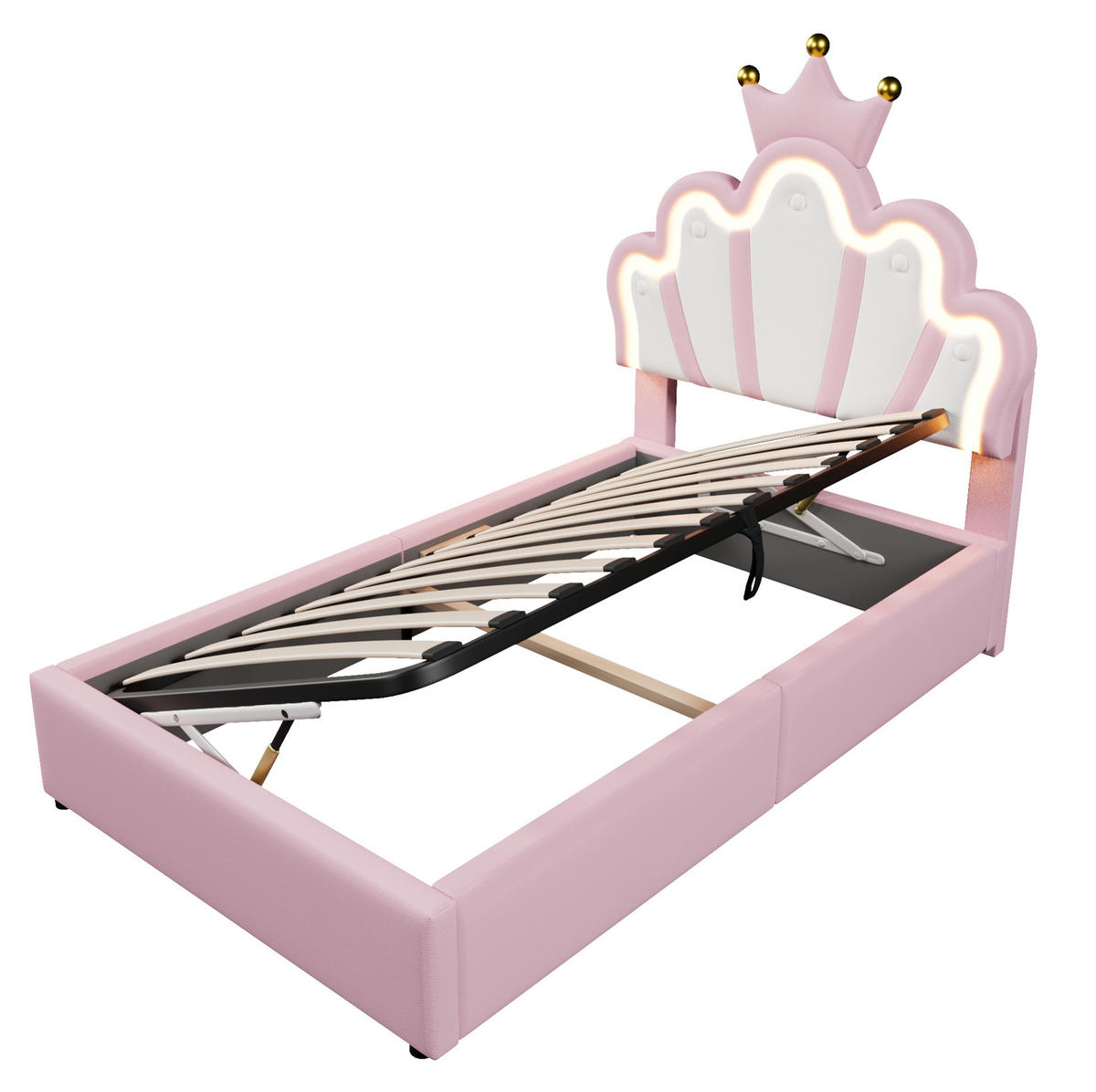 KINDERBETT 90/200 cm Rosa mit hydraulischem Hebemechanismus und LED-Lichtband - Rosa, Leder (90/200cm) - OKWISH