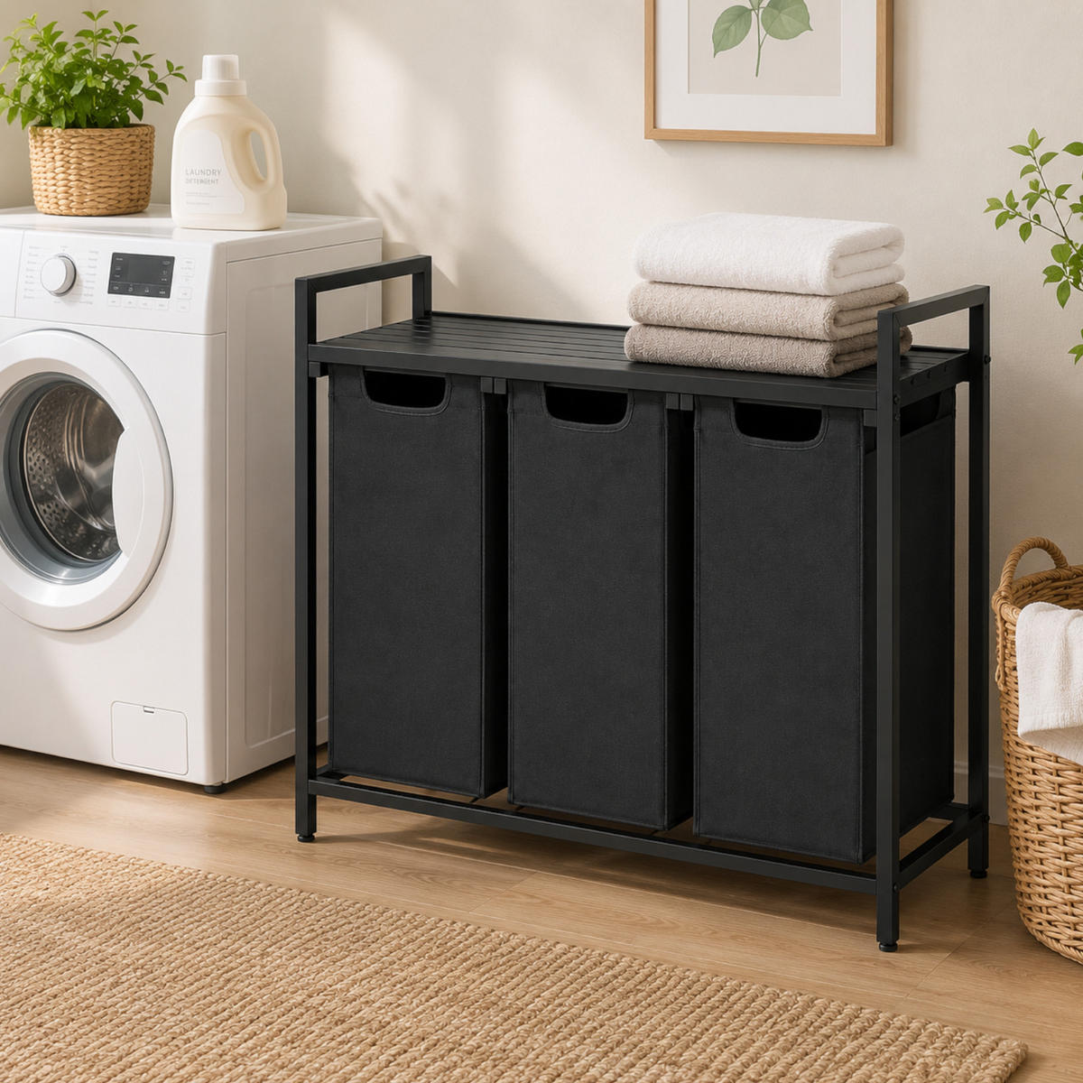 WÄSCHEKORB Metall Stoff MDF Schwarz 3 Wäschesäcke 114l 92,5x33x71 cm - Schwarz, Holzwerkstoff/Textil (92.5/71/33cm) - Begryf