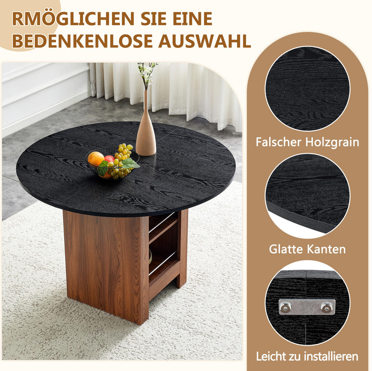 ESSTISCH aus MDF 100x100x76 cm Walnuss-Schwarz mit Stauraumfächern und pflegeleichter Tischplatte - Schwarz, Holzwerkstoff (100/100/76cm) - Modfu
