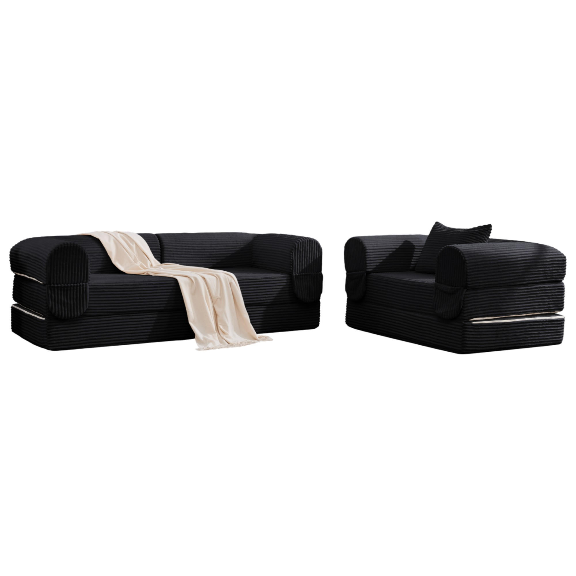 SOFA-SET modular 1-Sitzer + 2-Sitzer Cord Schwarz - Schwarz, Kunststoff (78/65/190cm) - Meubliv