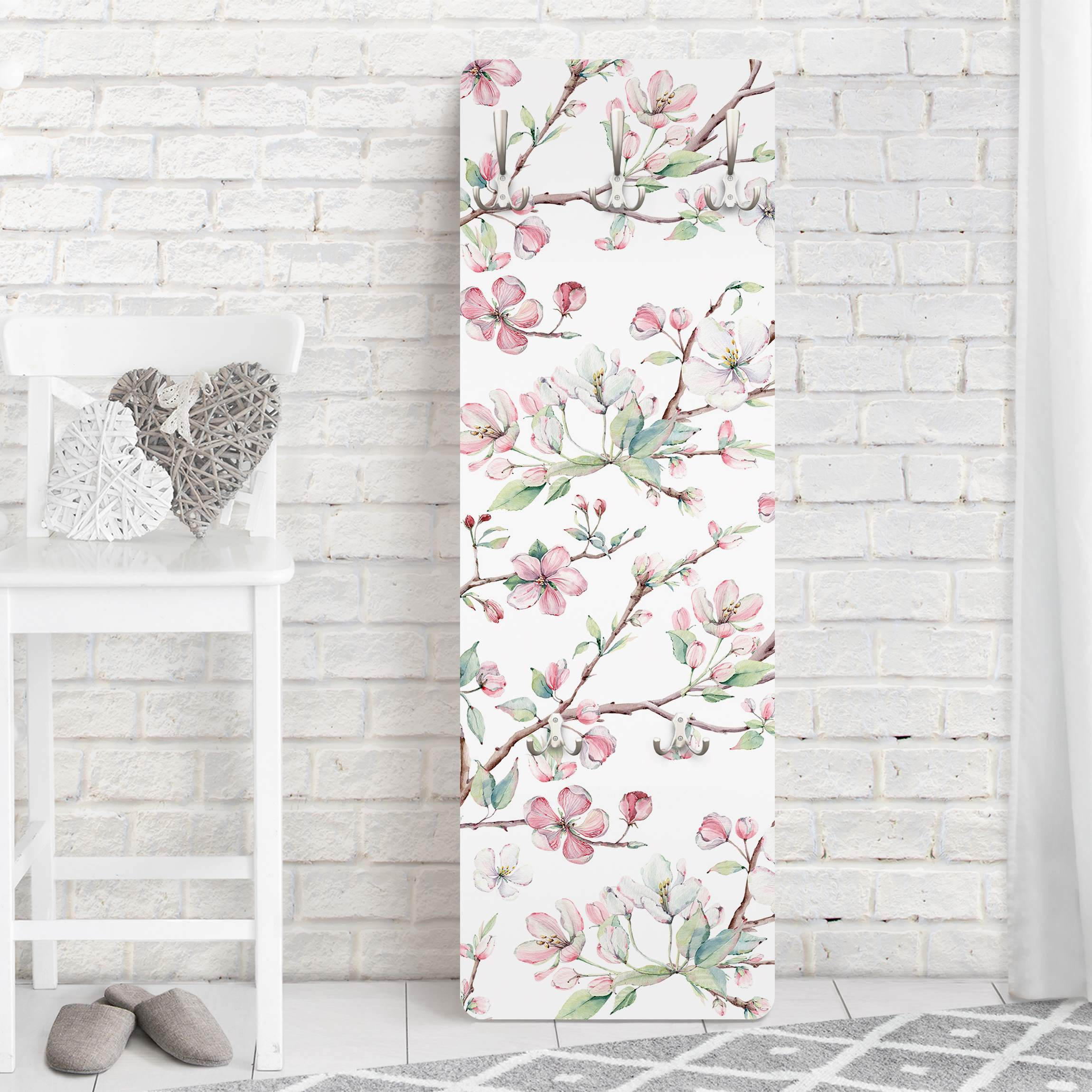 WANDGARDEROBE - Aquarell Zweige von Apfelblüten in Rosa und Weiß 34/105 cm - Weiß, Holzwerkstoff (34/105/1.6cm) - Bilderwelten