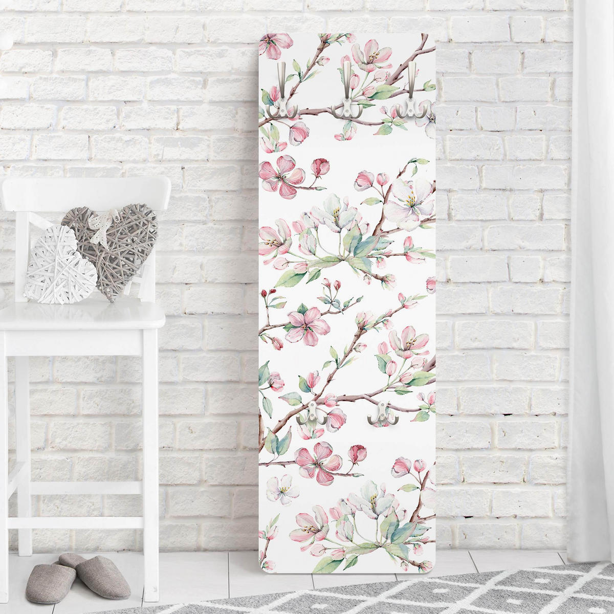 WANDGARDEROBE - Aquarell Zweige von Apfelblüten in Rosa und Weiß 34/105 cm - Weiß, Holzwerkstoff (34/105/1.6cm) - Bilderwelten