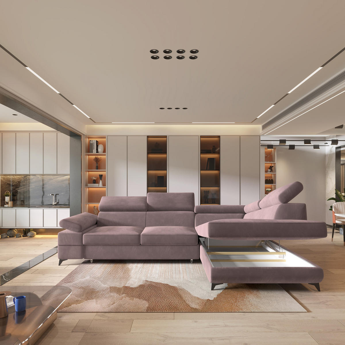 ECKSOFA FAVIEN R-S Lila Velours-Stoff mit Schlaffunktion - Lila, Holz (257/190cm) - MASSENO