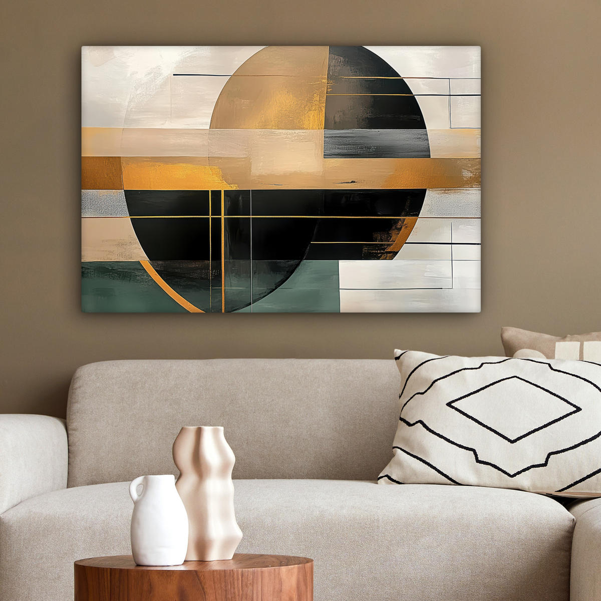 LEINWANDBILD - Abstrakt - Gold - Bronze - Grün - Formen - Modern - 90x60 - Deko Wohnzimmer - Multicolor, Textil (90/60cm) - MuchoWow
