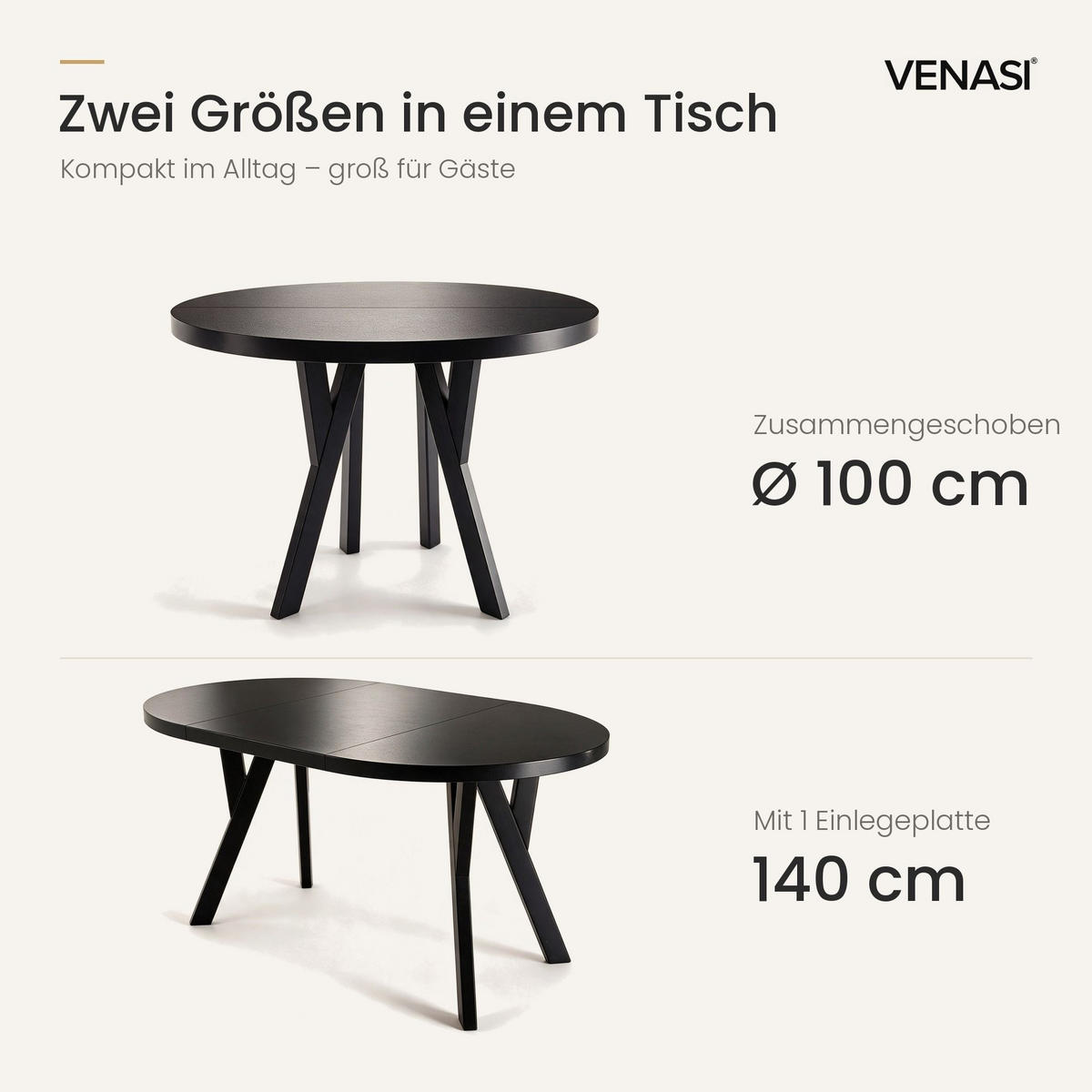 ESSTISCH ausziehbar rund 100-140 cm ATO Schwarz, Auszugstisch mit Einlegeplatte - Schwarz, Holzwerkstoff (100/100/77cm) - VENASI MÖBEL