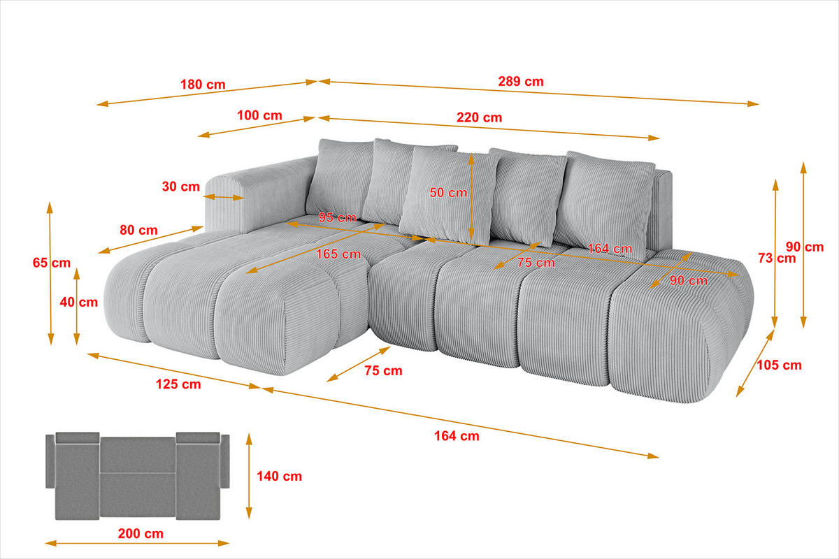 ECKSOFA Ottomane Links CLOUD-L-v1 289x180x40 Grau Cord - Grau, Holzwerkstoff/Kunststoff (180/289cm) - ALTDECOR