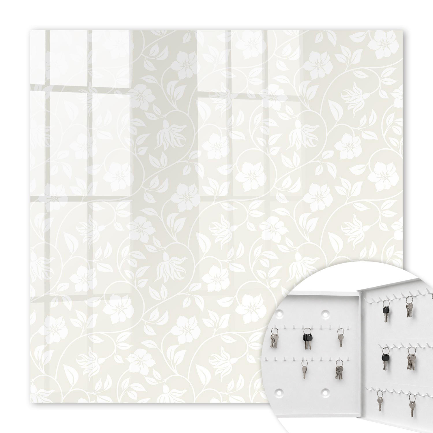 SCHLÜSSELBOX Weiß 30x30 cm – Türöffnung nach rechts - Blumenmuster - Beige, Metall (30/30/5cm) - TULUP