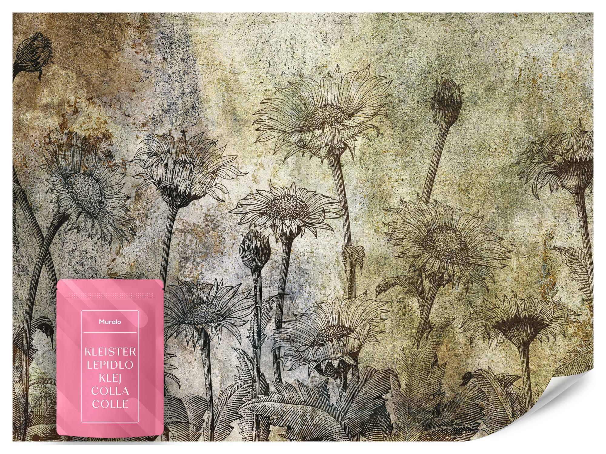 FOTOTAPETE Abstrakte Sonnenblumen Beton Retro 500x350 - Beige/Braun, Papier (500/350cm) - Muralo