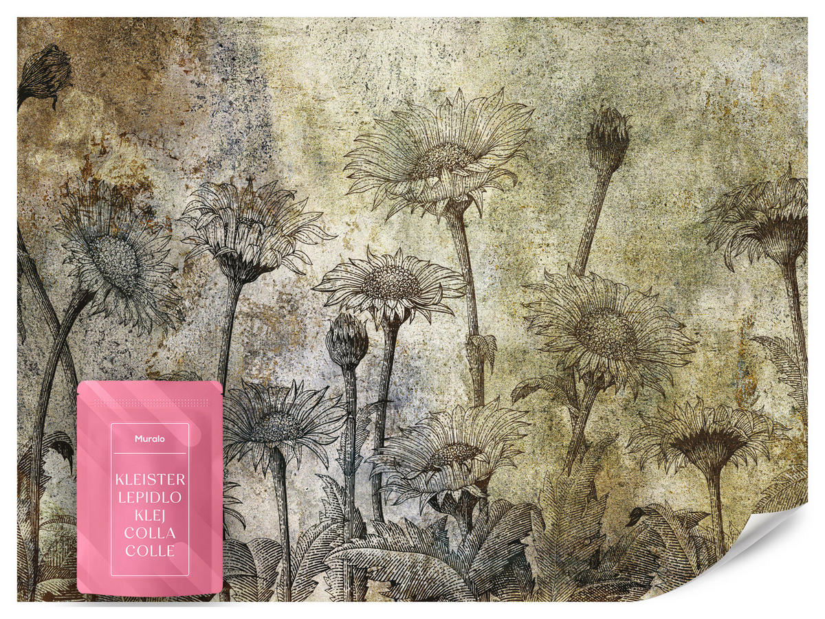 FOTOTAPETE Abstrakte Sonnenblumen Beton Retro 500x350 - Beige/Braun, Papier (500/350cm) - Muralo