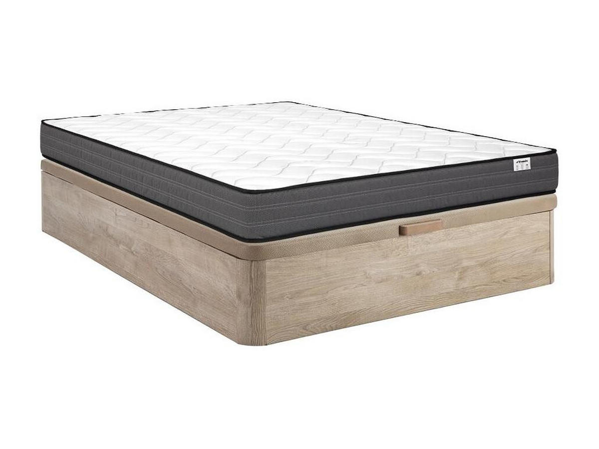 MATRATZE und Bettgestell mit Lattenrost und Bettkasten - 1 Person - Stoff, Holz, Platte - Naturfarben Hell - - Naturfarben, Holz/Holzwerkstoff (120/200cm) - Vente-Unique