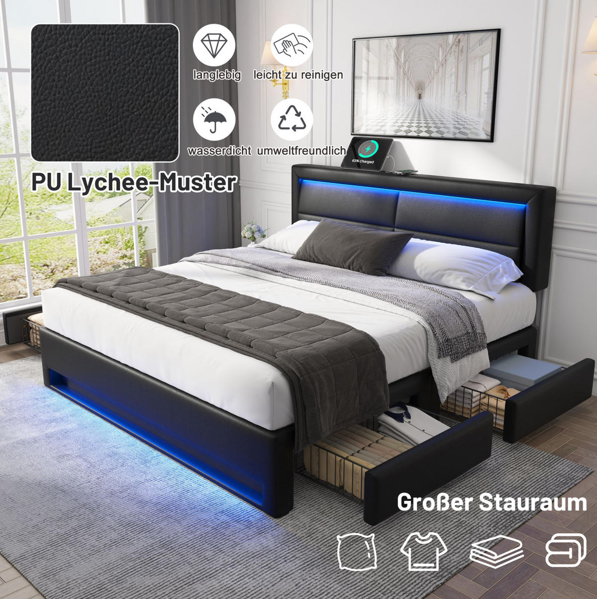 ČALÚNENÁ posteľ, 140/190 cm, PU čierna, LED osvetlenie, USB nabíjanie a 4 zásuvky - čierna, plast (140/190cm) - BEAOK