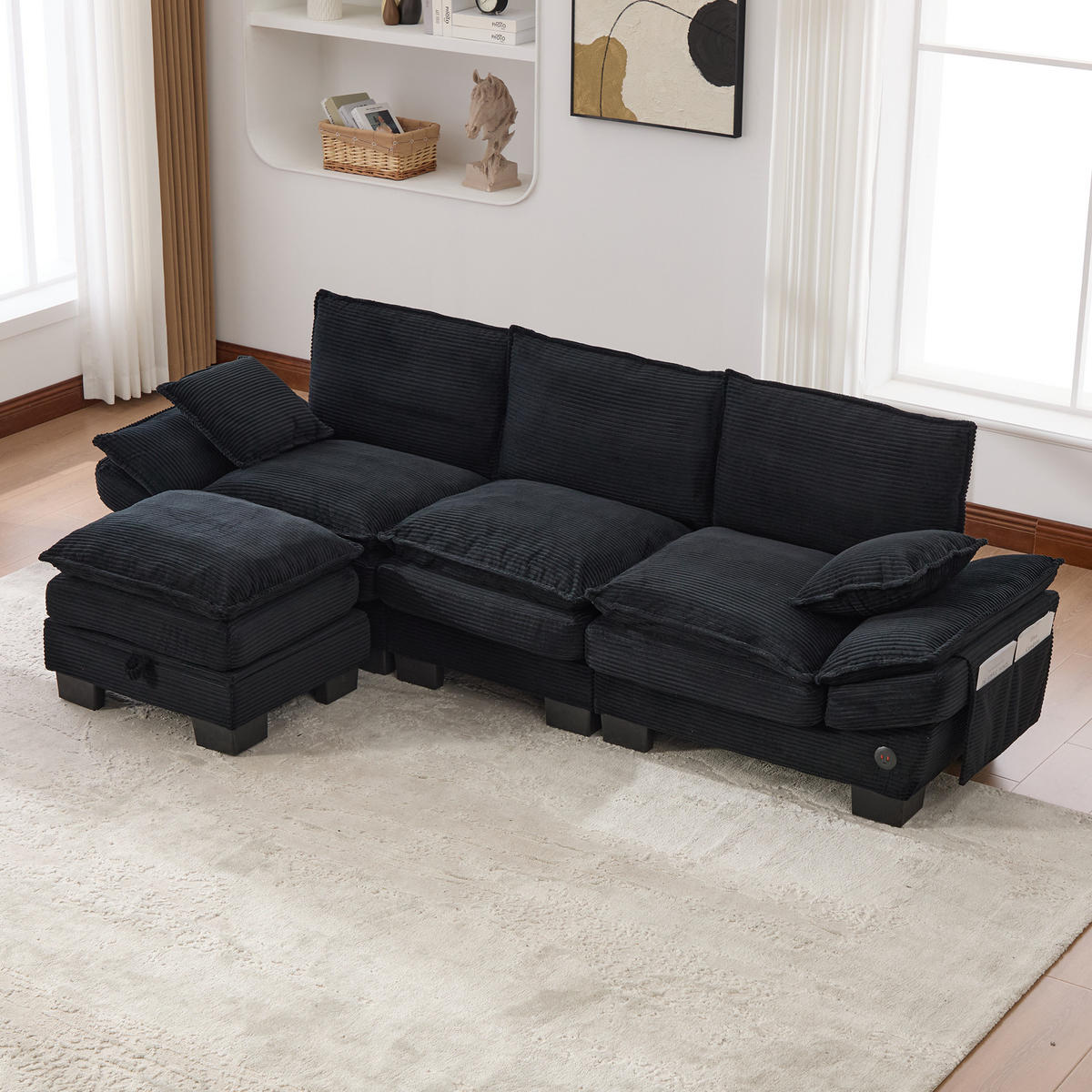 ECKSOFA aus Cord 260x132x84 cm in Schwarz mit Hocker & USB-C - Schwarz, Textil (132/260cm) - Modfu