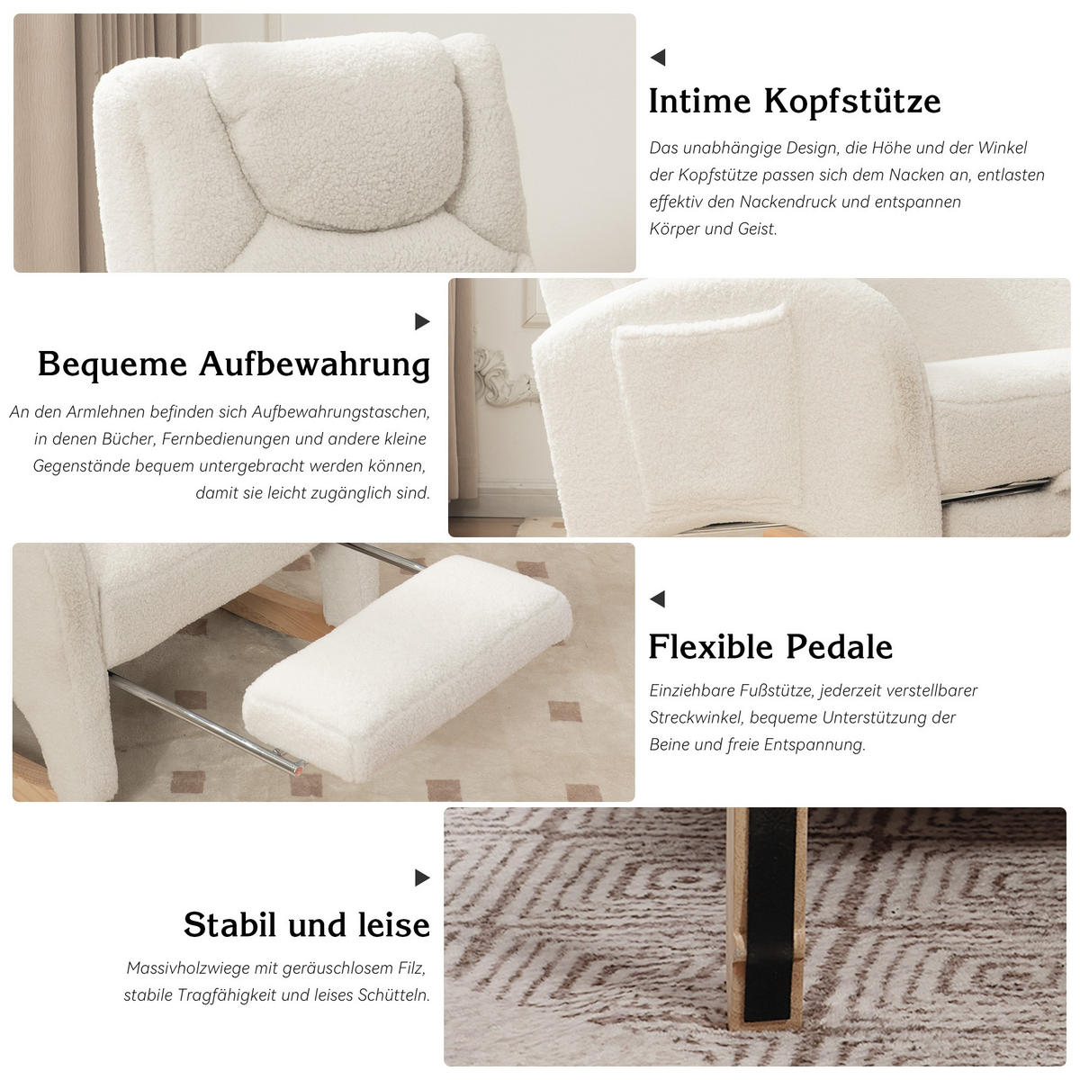 SCHAUKELSTUHL Weiß Teddy mit Klappbare Pedale - Weiß, Textil (125/101/66cm) - Oxeza