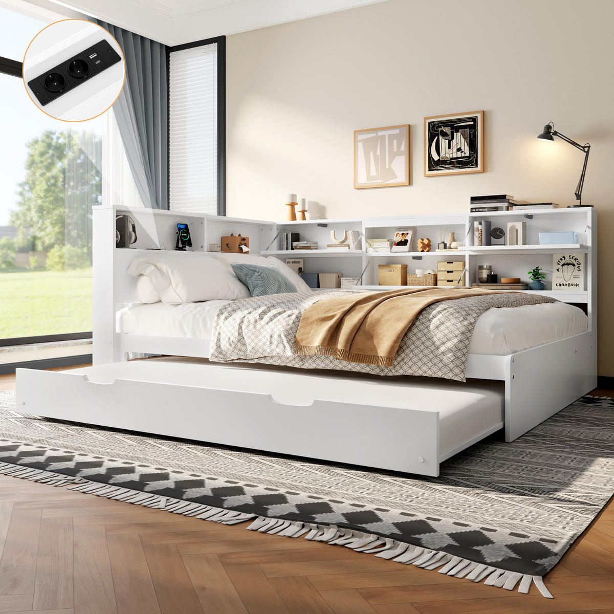 TAGEBETT 140x200cm Weiß Kopfteil Staufach Ausziehbett - Weiß, Holz (140/200cm) - FLIEKS