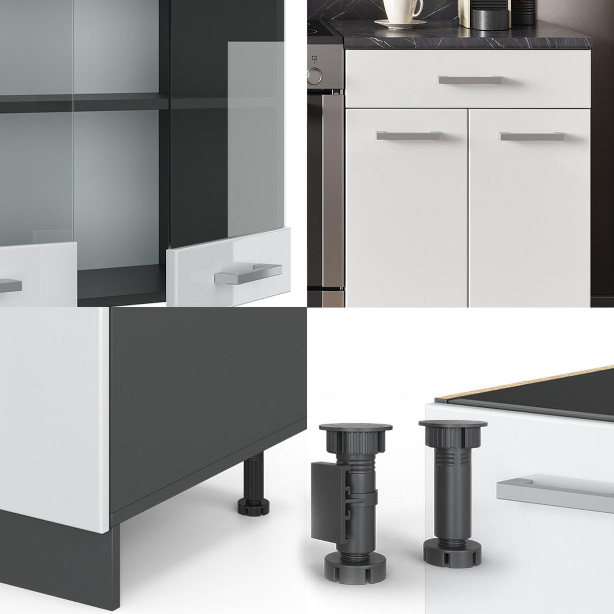 KÜCHENZEILE R-Line Weiß Hochglanz/Anthrazit 200 cm, AP Eiche - Weiß Hochglanz/Anthrazit, Holzwerkstoff (200/81.6/60cm) - Vicco