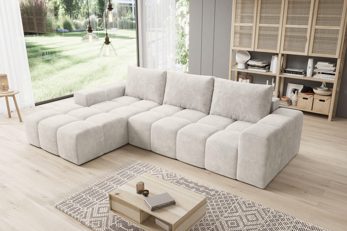ECKSOFA Cento, L-Form, Ottomane Links, Cordstoff, 285x56x180 cm, Beige - Beige, Holz (180/285cm) - PROMETO Möbel