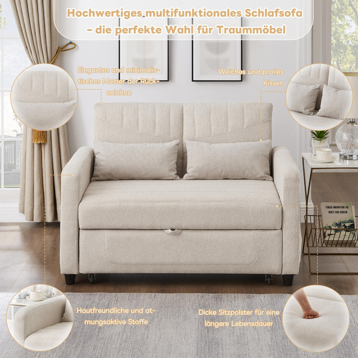 SOFABETT Baumwoll-Leinen mit Ausziehfunktion und verstellbarer Rückenlehne Beige 114/77/82,5 cm - Beige, Textil (77/82.5/114cm) - Redom