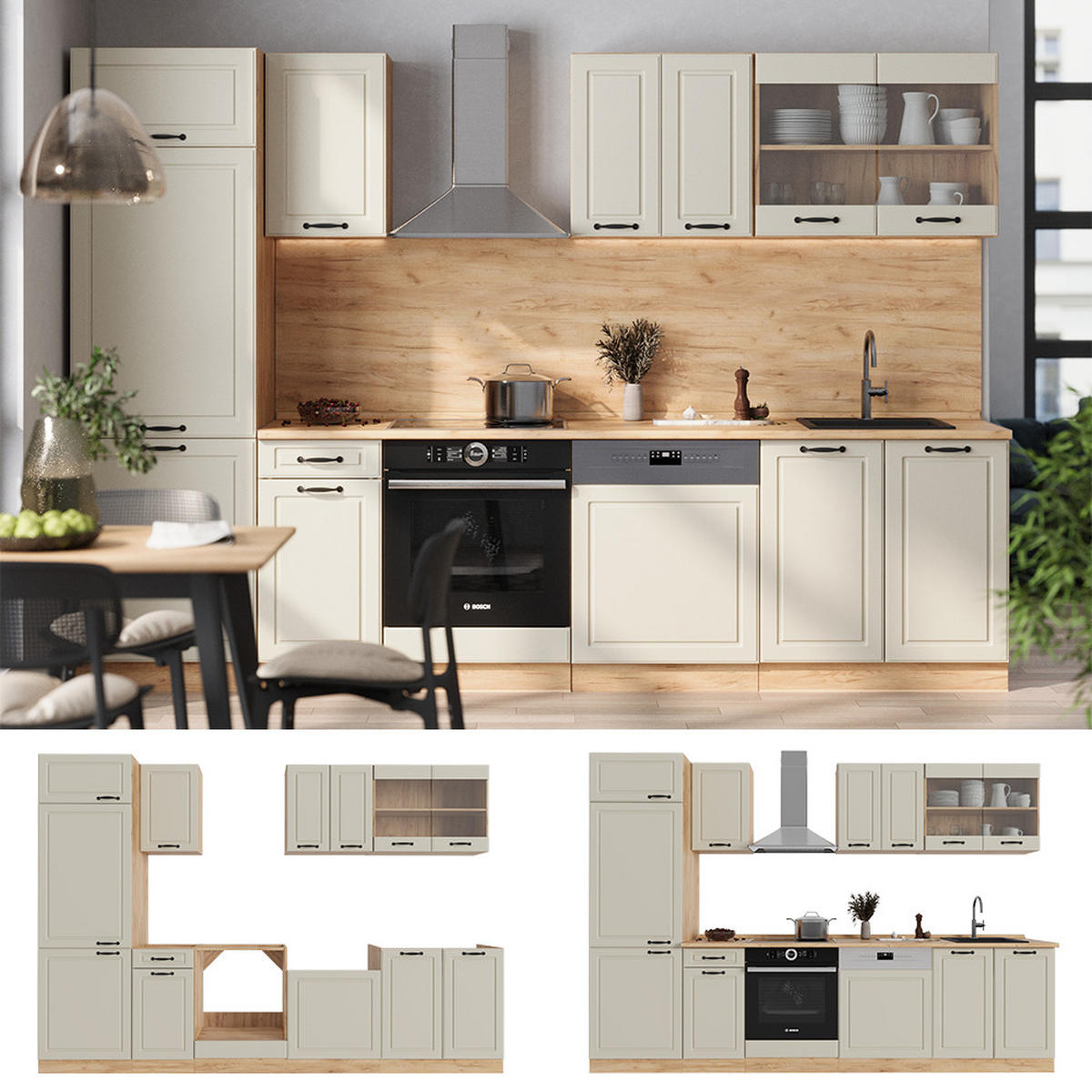 KÜCHENZEILE R-Line, Sand Landhaus/Goldkraft Eiche, 300 cm Arbeitsplatte Anthrazit - Honigeiche/Beige, Holzwerkstoff (300/206.8/60cm) - Vicco