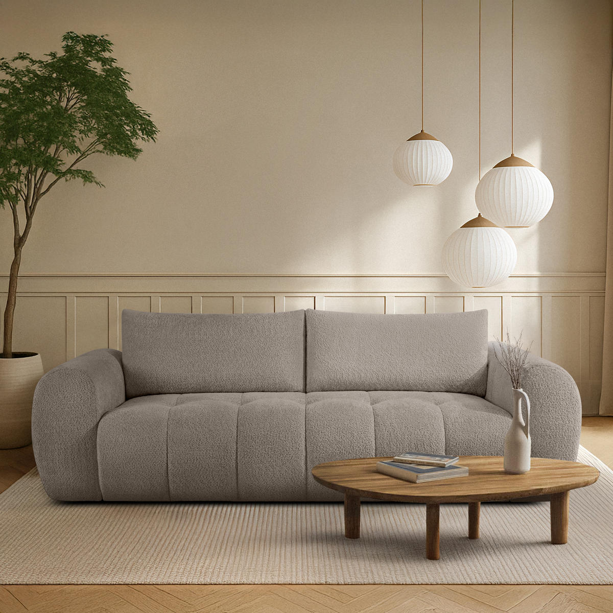 EINZELSOFA LIRA, Grau, Bouclé - Grau, Holz/Holzwerkstoff (256/84/112cm) - KONSIMO®