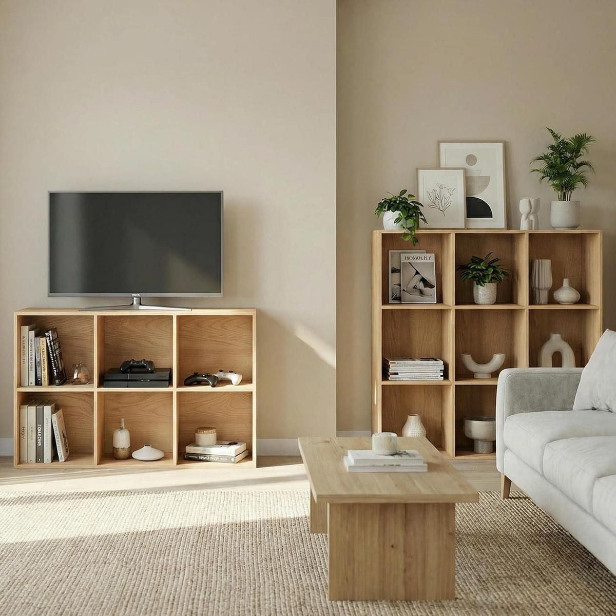 BÜCHERREGAL Würfelregal Weißeiche 8 Fächer 91,2 x 91,4 cm - Beige, Holzwerkstoff (91.4/91.2/24cm)