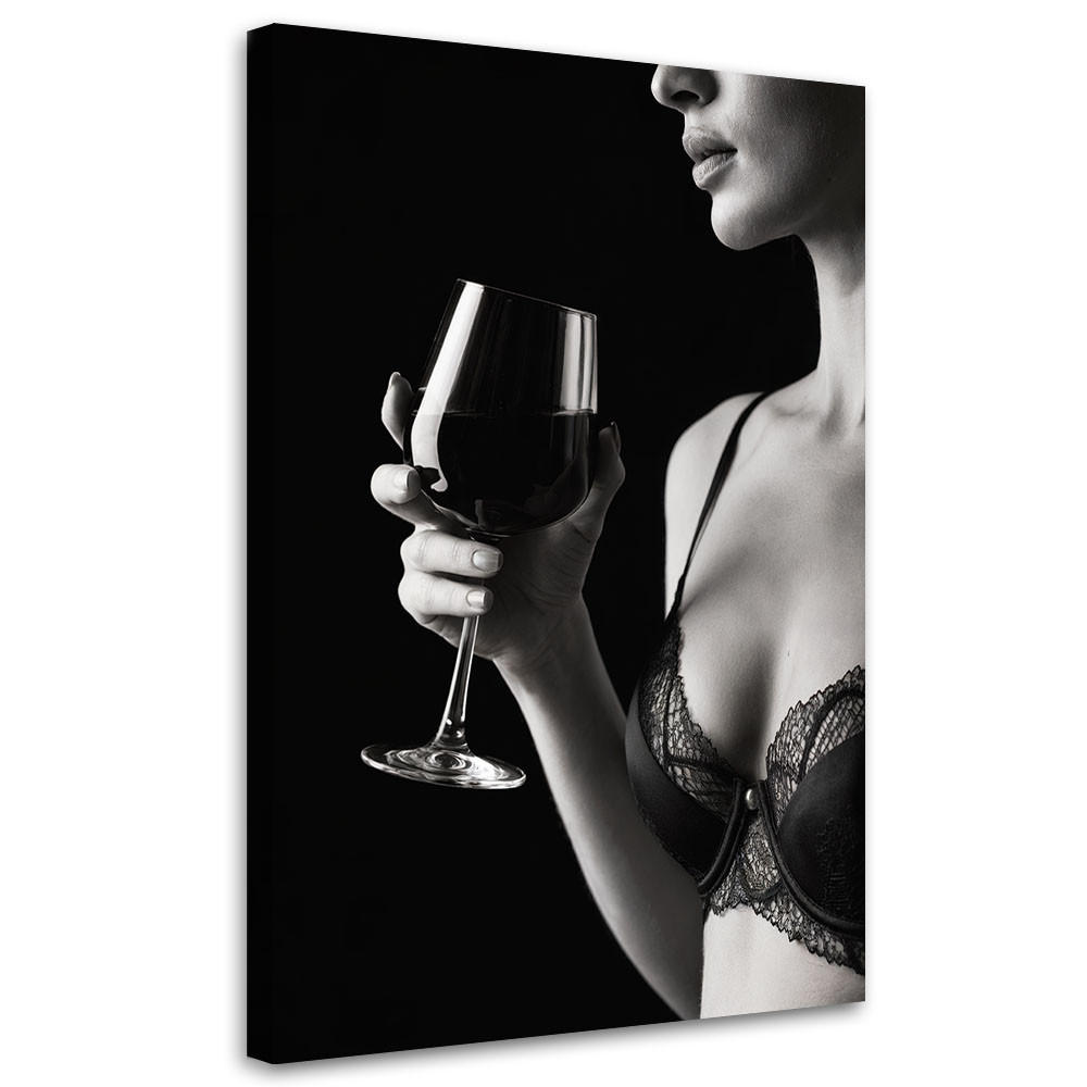 LEINWANDBILD Frau in Unterwäsche mit einem Glas Wein 80x120cm - Schwarz, Textil (80/120cm) - Feeby