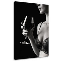 LEINWANDBILD Frau in Unterwäsche mit einem Glas Wein 80x120cm - Schwarz, Textil (80/120cm) - Feeby