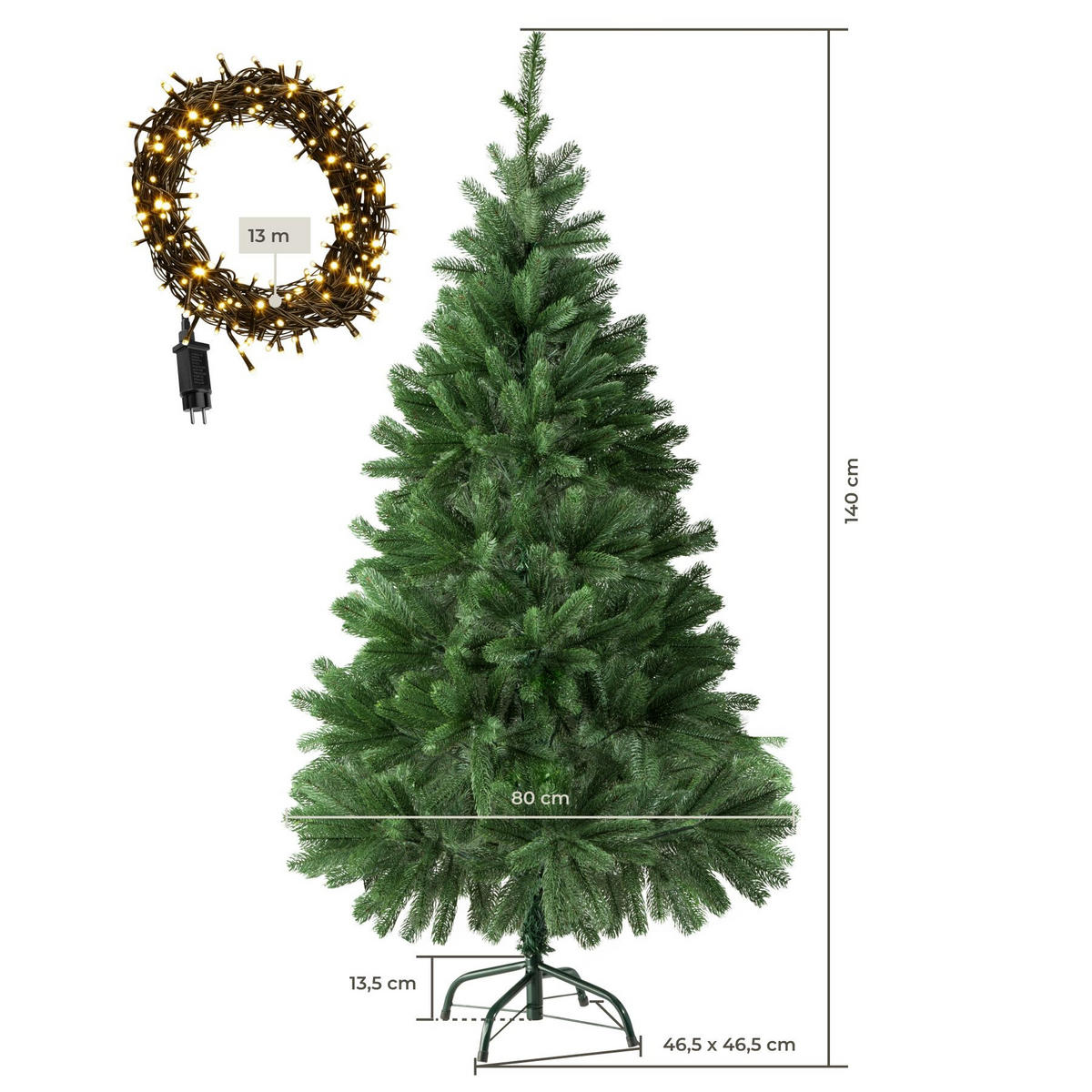SET WEIHNACHTSBAUM MIT LICHTERKETTE , inklusive Metallständer mit Kunststoffkappen, grün - Grün, Kunststoff (140cm) - tectake
