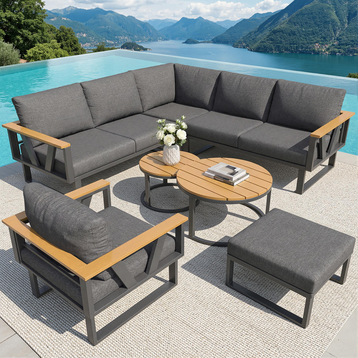 LOUNGESITZSET, 2er-Set, Verstellbare Füße, Metallbasis, Grau - Grau, Metall - FLIEKS