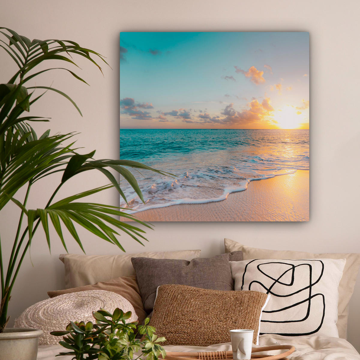 LEINWANDBILD - Sonnenuntergang - Strand - Meer - Sommer - Blau - 90x90 - Gemälde - Multicolor, Textil (90/90cm) - MuchoWow