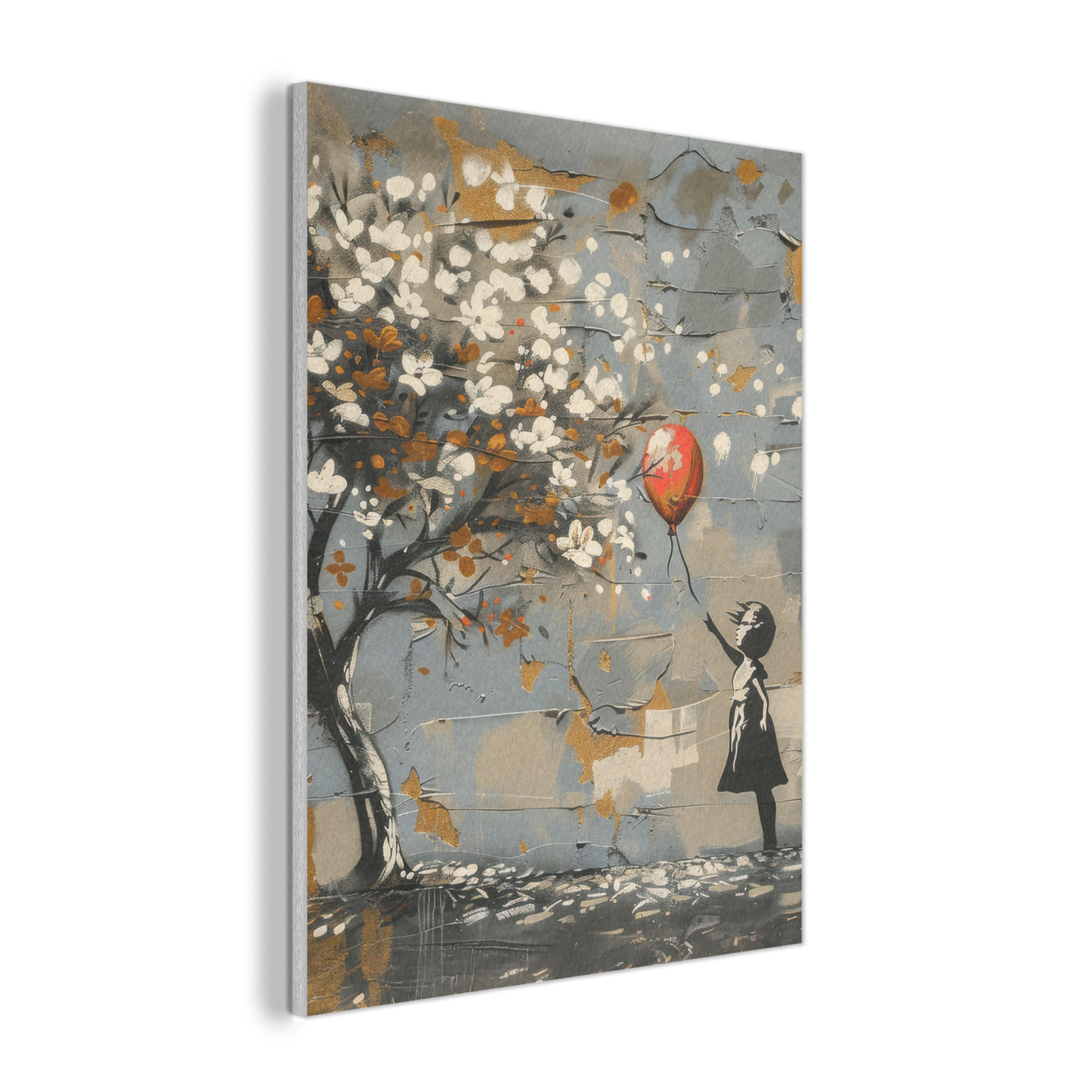 AKUSTIKPANEEL Baum - Graffiti - Banksy-Stil - Ballon-Mädchen 60x80 cm - Blaugrau, Textil (60/0.9/80cm) - MuchoWow