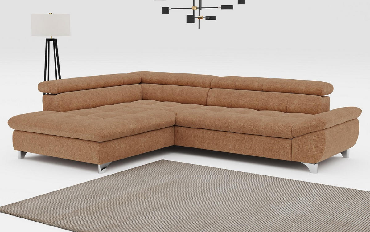 ECKSOFA mit Schlaffunktion und verstellbare Kopflehnen - Cognac/Silberfarben, Textil/Metall (312/234cm) - Cotta