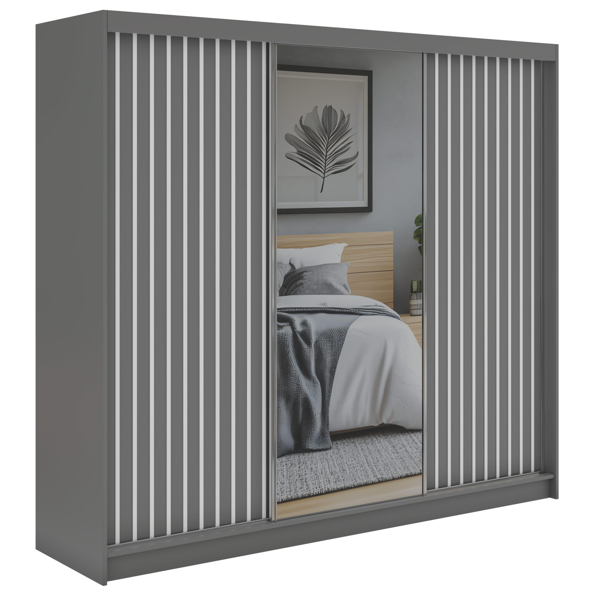 SCHWEBETÜRENSCHRANK mit Spiegel und Schubladen LAOS - 240 - Grau - Weiß Lamellen - Alufarben/Weiß, Holzwerkstoff/Metall (240/216/61cm) - MKS