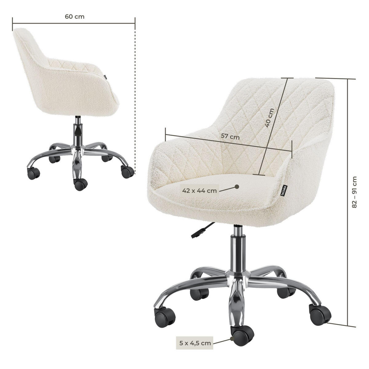DREHSTUHL Nancy, 57 x 60 x 82 – 91 cm, Belastbarkeit 150 kg, weiß - Weiß, Kunststoff (57/91/60cm) - tectake